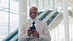 Phone, ceo and mature black man typing in office lobby for social media, research app or networking. Smartphone, happy professional consultant walking and scroll on internet, web or business email