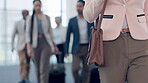 Walking, closeup or businesswoman with bag in airport for travel, airplane flight and terminal gate for trip. Suit, luggage or entrepreneur on a journey, international transportation or global tour