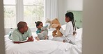 Dad, children and bed with teddy bear, play and care with game, love or bonding in family house. Father, girl kid and baby with toys, talking and happy together in bedroom, home or relax in morning