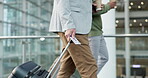 Hands, luggage and business people walking with coffee in airport, hotel or lobby. Travel, ticket and suitcase in flight, plane or journey in commute for work trip, vacation bag and tourist holiday