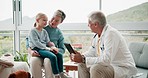 Healthcare, talking and a doctor with a child and mother for a consultation and tablet for notes. Hospital, medicine and a male medical employee speaking to a mom and kid about health or a virus