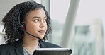 Call center, woman and tablet talk with consulting, telemarketing and conversation at office. Customer service, communication and contact us operator online with call and worker speaking for crm