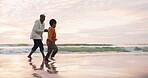 Beach, happy and grandmother running with child in the water at sea excited for holiday or outdoor vacation together. Adventure, travel and grandma bonding kid or boy for quality time by the ocean