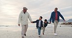 Boys, holding hands and walk at beach, grandfather or dad on vacation, generations or love by sea. Men, twin kids and papa with care, bonding and care on family adventure, holiday or outdoor by ocean