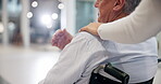 Hands of nurse, support or old man in wheelchair for healthcare services or wellness in hospital clinic. Closeup, caregiver or elderly patient with a disability in consultation with empathy or trust