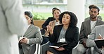 Business people, audience and presentation questions, feedback and information at conference or seminar. Professional clients or corporate women and men listening, talking and meeting ideas with FAQ