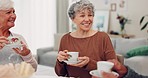 Senior man, women and talk at tea party, conversation and happy with care, listening and retirement in house. Elderly group, friends and relax with reunion, coffee or morning drink at brunch in home