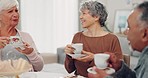Senior man, women and drink at tea party, conversation and happy with care, listening and retirement in house. Elderly group, friends and relax with reunion, coffee or morning chat at brunch in home