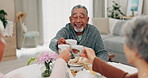 Toast, retirement and senior friends at a tea party together during a visit in a home for bonding. Smile, community and support with a group of elderly people in a living room for a social gathering