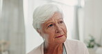 Nursing home, window and elderly woman thinking about future, retirement or planning for life, mortgage or healthcare. Serious, face and senior person with decision, vision or ideas in morning