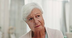 Window, elderly woman and thinking in home about future, retirement or planning for life insurance, mortgage or healthcare. Serious, face and senior person with decision, vision or ideas in morning