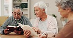 Senior man, women and bible study for reading, religion or writing for notes, inspiration or worship in retirement. Elderly friends, holy books or faith for connection, gratitude or spiritual mindset