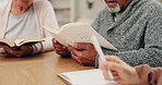 Woman, man and bible study in home, writing and notes for information, faith and knowledge for spiritual growth. Senior group, holy books and together for prayer, mindfulness or research for religion