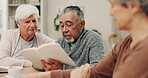 Worship, reading or old man teaching in bible study with people for praying, praise or spiritual education. Story, home or Christian faith with senior friends in retirement for gospel or learning