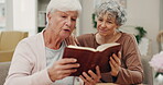 Peace, support and bible study with old women and books for praying, worship and mindfulness. Help, learning and Christian faith with senior friends in living room at home for care and gratitude