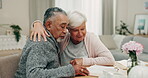 Senior couple, reading bible together and hug with inspiration, faith and spiritual growth for healing. Elderly man, woman and holy books for religion, mindfulness and worship God with love in home