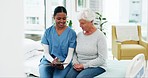 Healthcare, clipboard and nurse talking to a senior woman in the hospital for a medical consultation. Professional, checkup and sick elderly female patient speaking to a doctor in a medicare clinic.