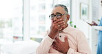 Consultation, coughing or sick old man in hospital appointment for wellness or medical help. Chest pain, tuberculosis or senior patient with cold or lung problem for nursing in clinic for healthcare