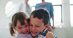 Hug, children and brother with happiness, sister and home with quality time, relax and cheerful. Siblings, kids and youth with embrace, lounge and bonding on a break, love and care with relationship