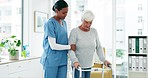 Old woman with disability, nurse and patient with rehabilitation, healthcare and physio at clinic. Female people, physical therapy and health, wellness with elderly care and caregiver in consultation