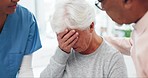 Crying, old woman and man with doctor, bad news consultation at hospital and cancer diagnosis support and medical advice. Senior care, elderly couple in shock, test results and support in healthcare.