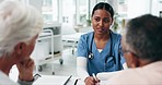 Woman, nurse and talking to couple in clinic for hospital assessment, test results and healthcare support. Nursing therapist consulting patients for medical information, surgery analysis and advice 