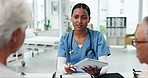 Woman, nurse and talking to couple with tablet for hospital assessment, test results or healthcare support. Surgeon consulting patients with digital technology for medical analysis, advice or surgery