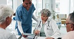 Doctor, consultation and nurse with tablet for patient results in a hospital with senior people. Healthcare, consulting and communication with medical professional with online information for advice