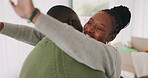 Black couple, new home and hug in celebration of property, real estate investment love, pride and care. Back man, support and happy woman in dream house with joy and smile for mortgage loan approval