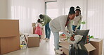 New home, parents or children packing boxes as a black family ready to move out for property relocation. Dream house, security or African children leaving an apartment with dad, mom or support 