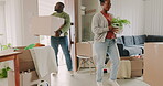 Moving, box and happy with black couple at front door of new home for property, real estate and future. Investment, rent and homeowner with man and woman in living room for apartment and mortgage