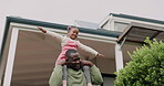 Father, airplane or child playing in new home as a black family on real estate with love, smile or care. Piggyback, flying or kid with a happy dad on property in relocation together in dream house 