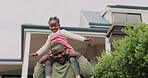 Father, piggyback or child playing in new home as a black family on real estate with love, smile or care. Airplane, flying or kid with a happy dad on property in relocation together in dream house 