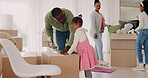 Moving, help and learning with black family and box for new house, property and future. Support, mortgage and real estate with parents and children in living room at home for rent and investment