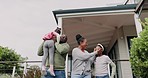 Happy, home and a black family in a garden with love for real estate, property or together. Smile, playing and African parents with care for kids on the lawn of a new house, celebration and relax