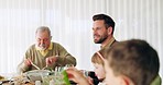 Grandfather, father and children at lunch in home eating together for bonding, quality time and talking. Happy family, meal and grandparents, parents and kids at dining table for party, food and meal