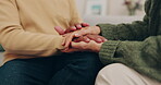 Love, peace and empathy with a couple holding hands in trust, care or solidarity in grief, pain or loss. Safety, hope or help with a man and woman closeup for mental health support during depression