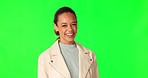 Laugh, green screen and face of a woman in studio with a happy, positive and excited mindset. Happiness, smile and portrait of female model from Mexico with goofy personality by chroma key background