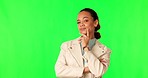 Green screen, thinking and face of woman in studio with solution, plan or question, choice or ask on mockup background. Why, portrait and lady model with idea, decision or suspicious, doubt or emoji