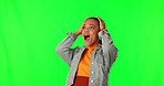 Wow, celebrate and face of a woman on a green screen for an announcement, win or success. Excited, goal and portrait of a girl with surprise from an achievement, promotion or winner on a backdrop