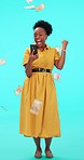 Studio phone, money rain and black woman celebrate winning, bonus salary or financial freedom, achievement or success. Cash prize, lotto competition winner and excited person dance on blue background