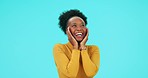 Surprise, wow and excited black woman on blue background with shock for good news, promotion and deal. Advertising, mockup and happy female person with announcement, information or discount in studio