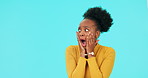 Wow, mockup and face of a black woman on a blue background for a retail deal or promotion. Surprise, portrait and an African girl or model with shock about an announcement with space on a backdrop