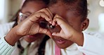 Heart hands, portrait and mother and child for love, care and mothers day. Closeup, smile and African mom and girl kid with a gesture for family, bonding or happy in a house together for connection