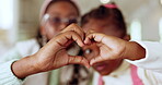 Heart hands, closeup and mother and child for love, care and mothers day. Portrait, bokeh and African mom and girl kid with a gesture for family, bonding or happy in a house together for connection