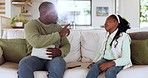 Dad, discipline and girl or child on sofa, couch or strict parent grounding teenager to stop with tablet, technology or social media. Scolding, father and child frustrated with punishment in home