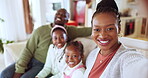 Happy, African family and selfie in home, living room or parents, kids and relax on lounge, sofa or couch on holiday. Black couple, children and portrait with a smile with happiness together