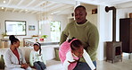 Love, black family and father playing child as airplane in a home of care, happiness and bonding together in a lounge. Nigeria, African and dad enjoy game with kid or daughter in a living room