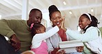 High five, tablet and parents playing with their kids in the living room for bonding together. Happy, love and African family with online gaming on the internet with digital technology at their home.