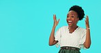 Surprise, wow and happy black woman on blue background with good news, promotion and retail deal. Advertising, mockup and excited female person with announcement, information and discount in studio